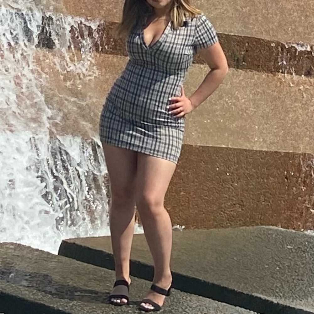 Windsor Gray Plaid V-Neck Mini Dress